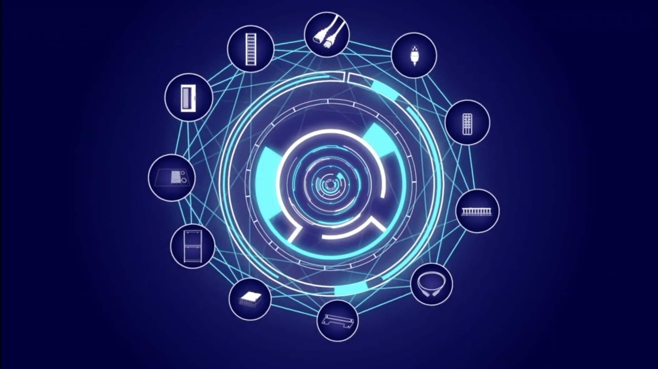 Animated icons on blue circular background interconnected by lines