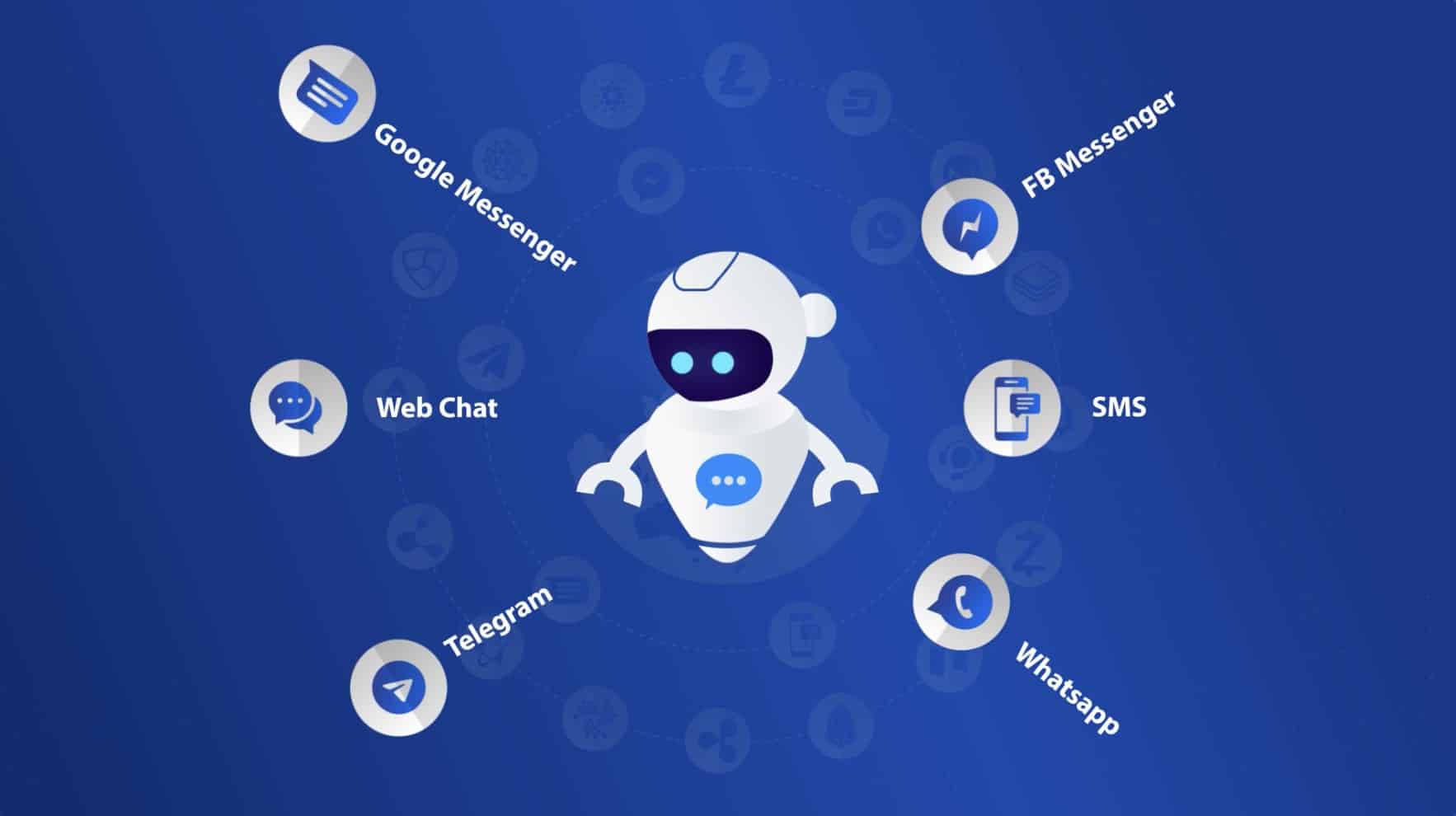 Robot suspended in air on blue background with icons around it